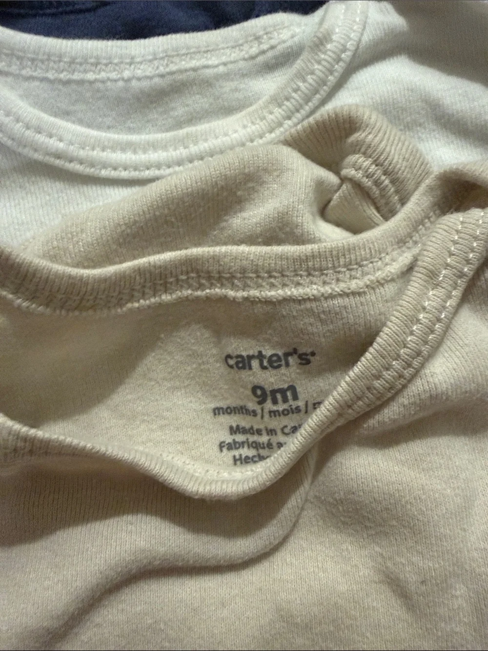 Carter's Short Sleeve Onesies Trio in Tan, White & Blue 9 months